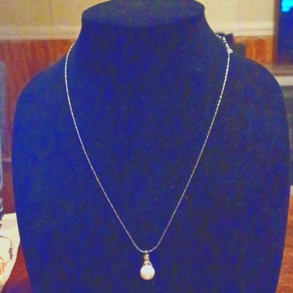 Simulated 3MM Pearl W/  Dainty Silver Plated Chain 20/ 22 Drop With Pendant